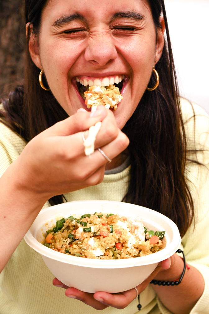 Happy Woman Eating Vegetarian Food Bowl